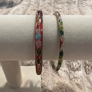 Vintage Hand-Painted Floral Cloisonné Bangle Bracelets